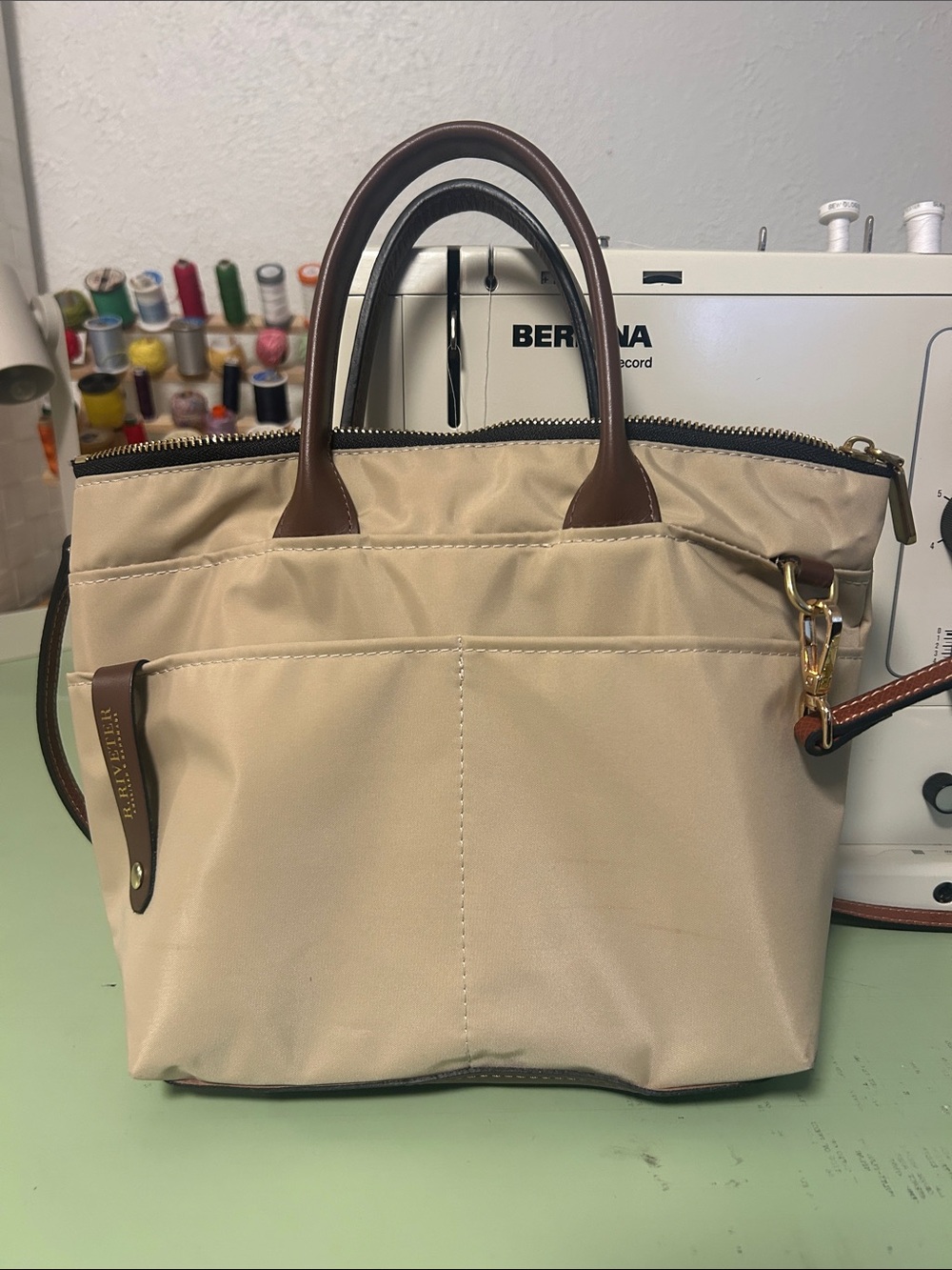 R. RIVETER American Beige Nylon Tote with Brown Leather Trim and Gold Hardware